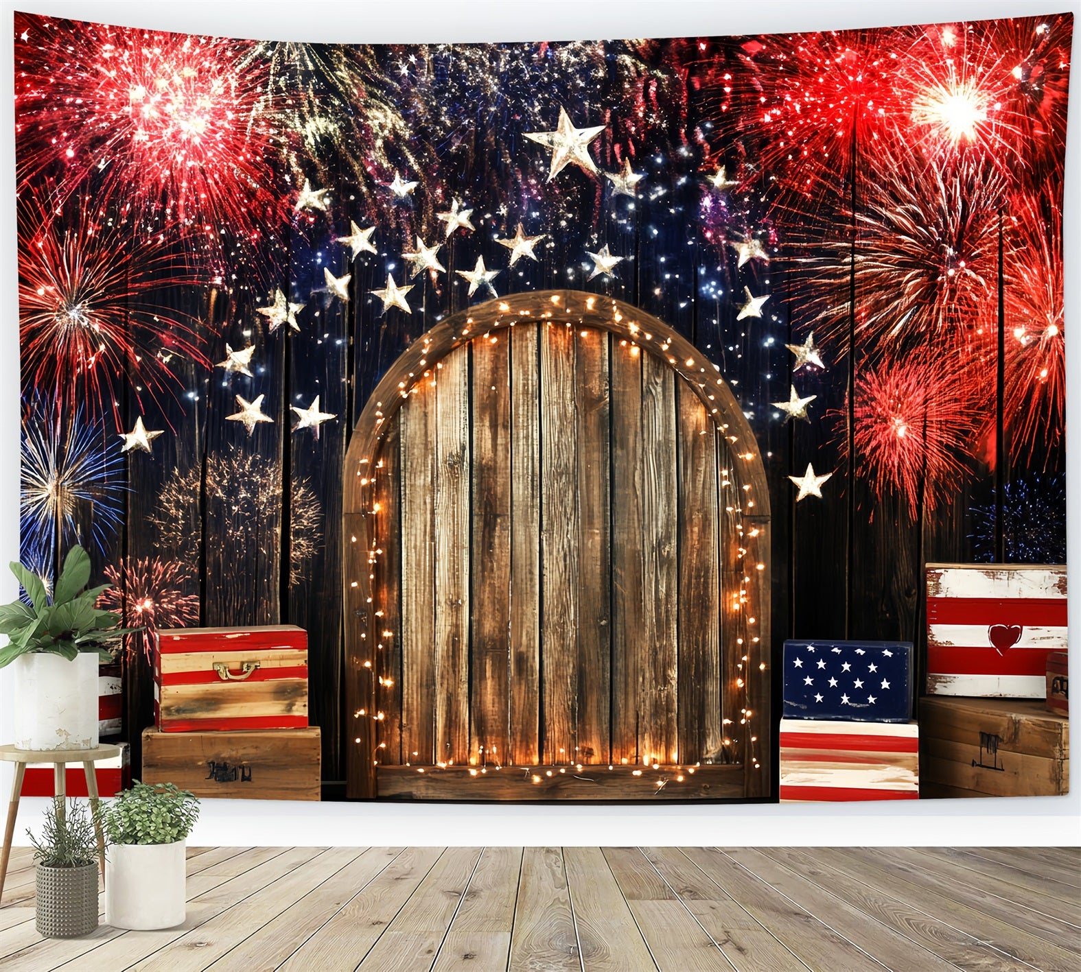 Patriotic Backdrop Fireworks Starry Night American Flag Photography Backdrop CSH58-203
