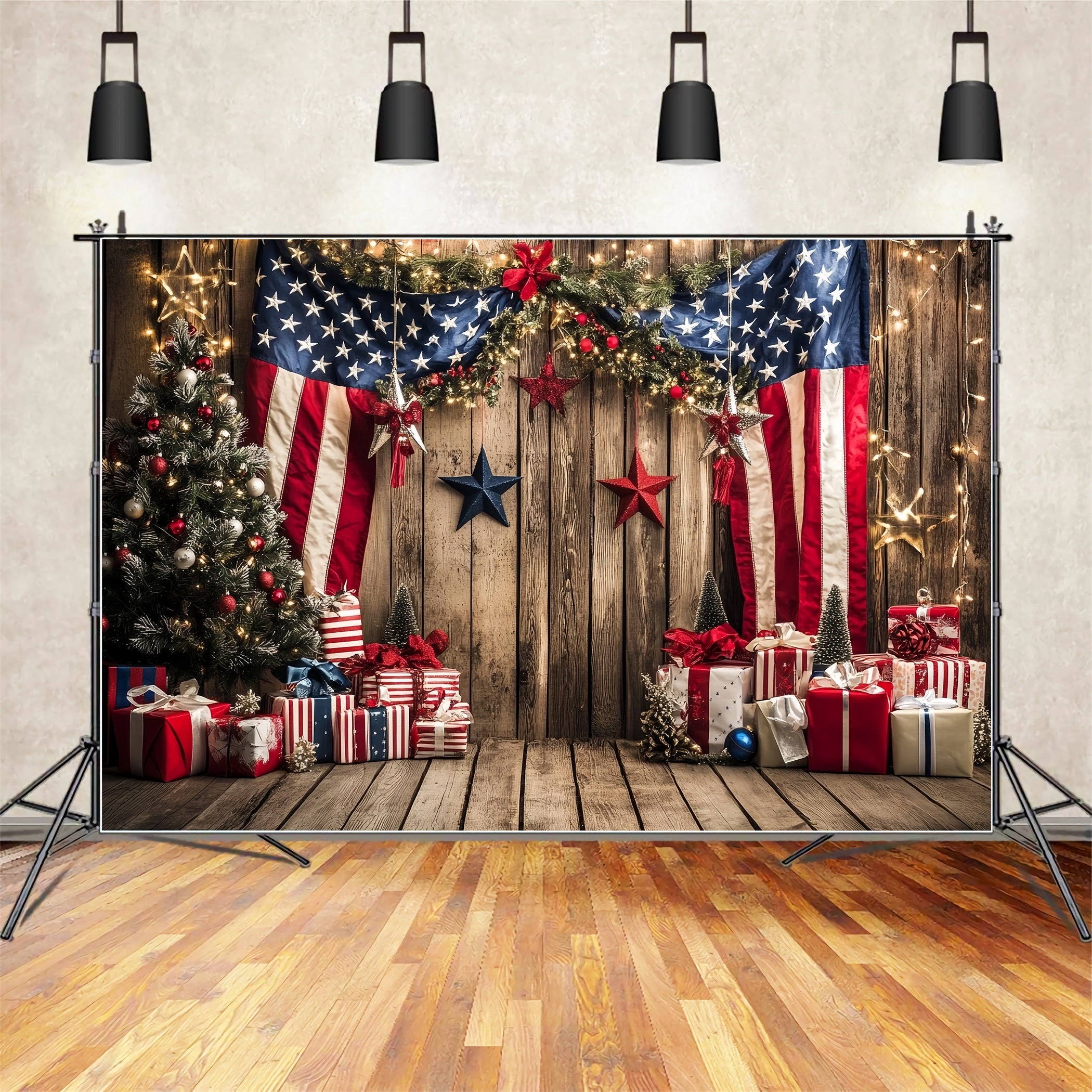 Patriotic Backdrop Patriotic Christmas Tree Gift American Flag Photo Backdrop CSH58-204