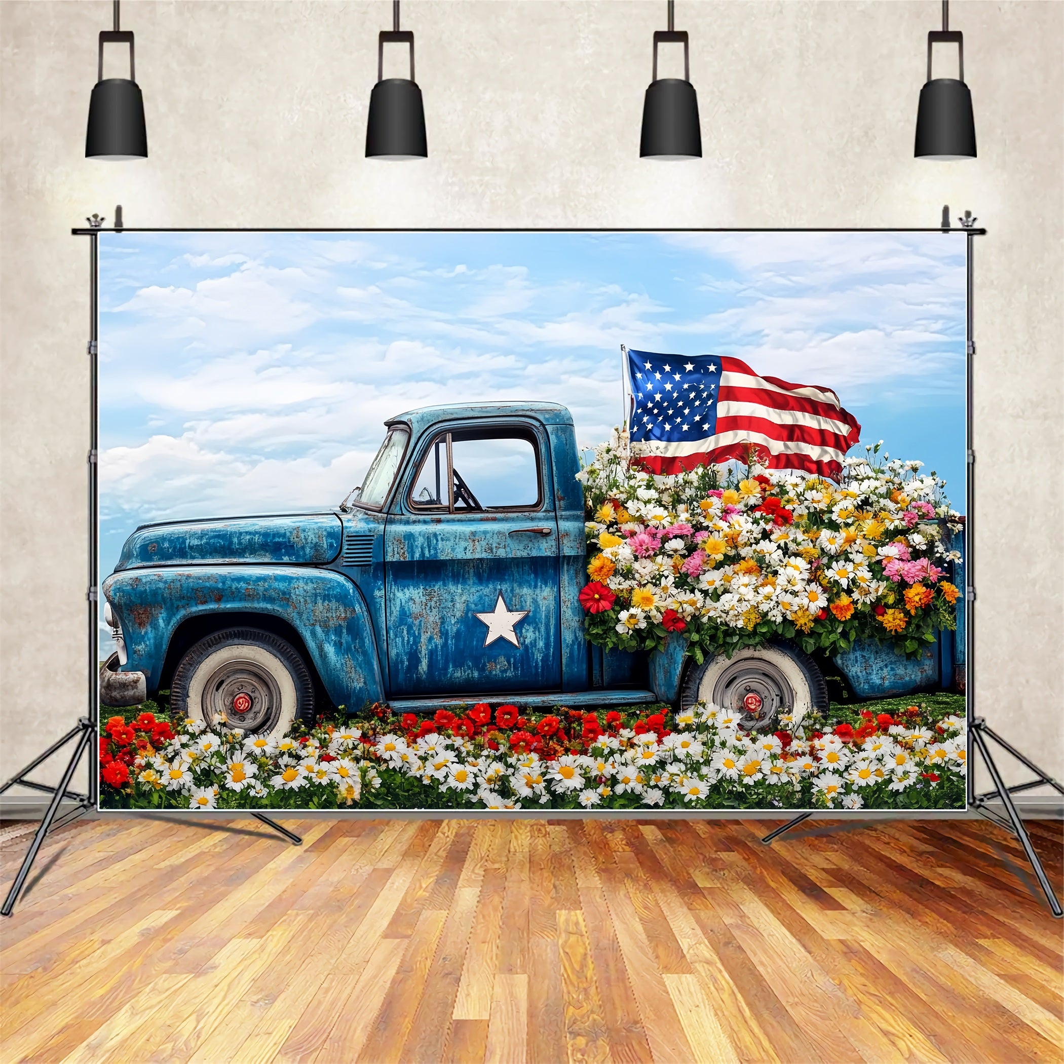 American Flag Patriotic Photo Backdrop Classic Blue Truck USA Flag Backdrop CSH58-211