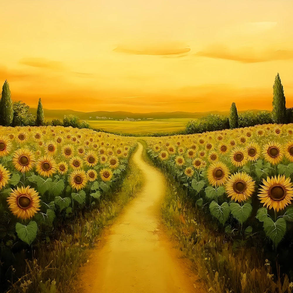 Fall Sunflower Backdrop Golden Sunset Sunflower Path Autumn Photo Backdrop CSH58-218