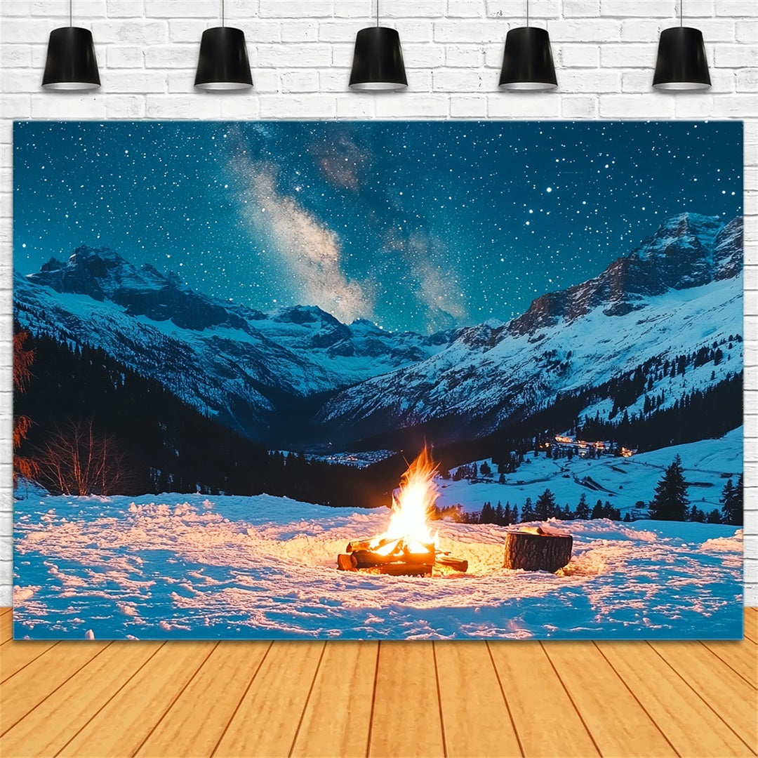 Winter Mountain Backdrop Starry Alpine Night with Campfire Winter Scene Backdrop CSH58-22
