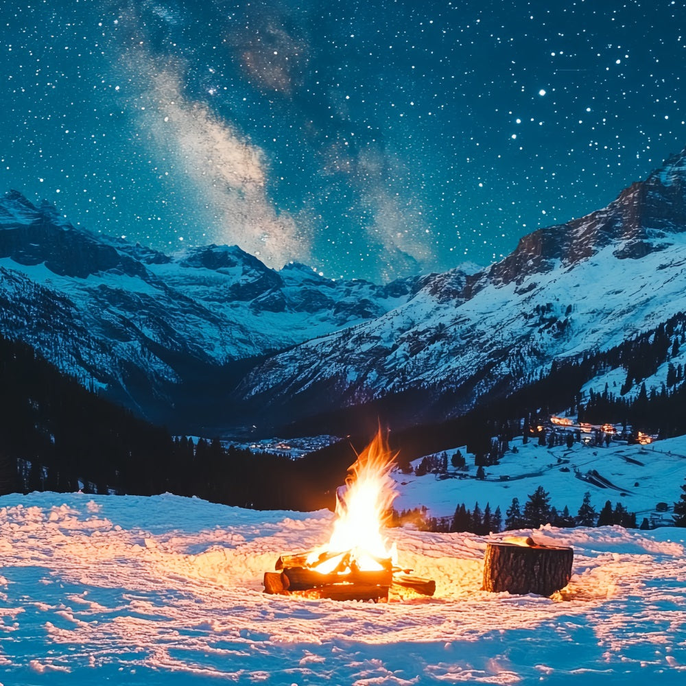 Winter Mountain Backdrop Starry Alpine Night with Campfire Winter Scene Backdrop CSH58-22