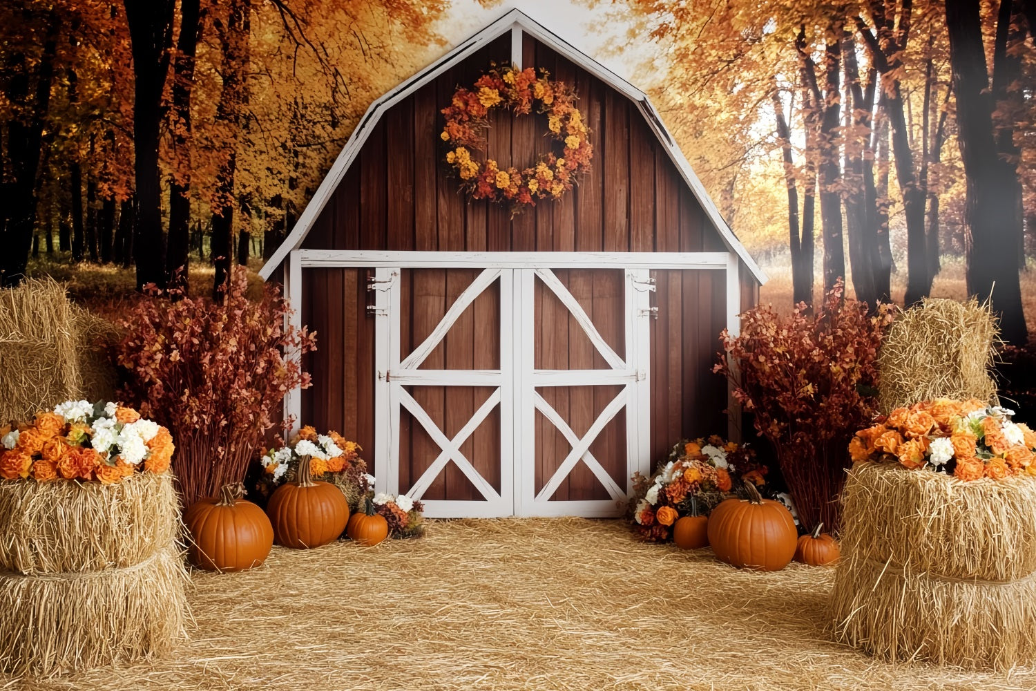 Fall Rustic Backdrop Rustic Barn Pumpkin Harvest Autumn Backdrop CSH58-222