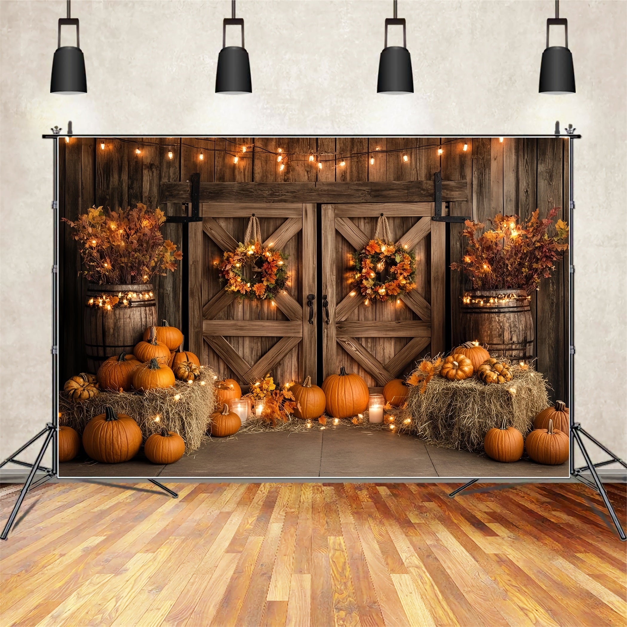 Autumn Rustic Backdrop Wooden Door Pumpkin Lights Fall Photoshoot Backdrop CSH58-224