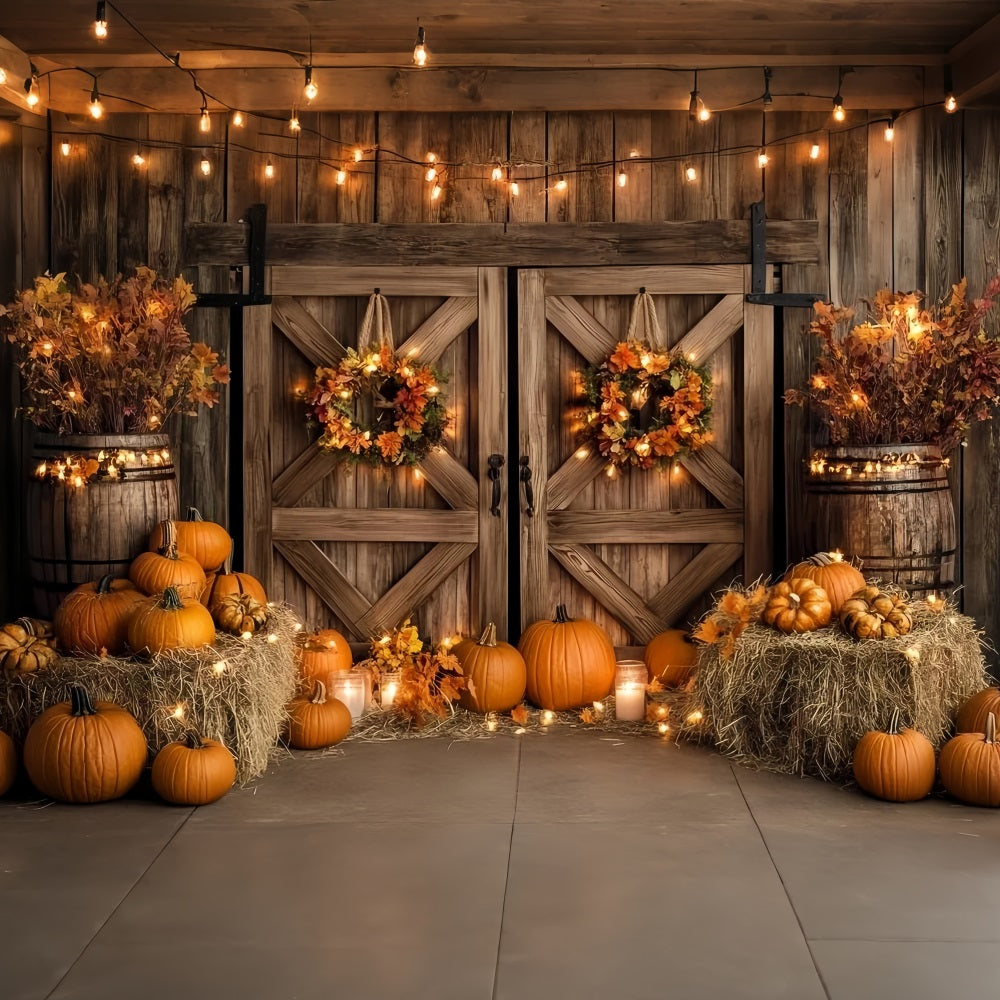 Autumn Rustic Backdrop Wooden Door Pumpkin Lights Fall Photoshoot Backdrop CSH58-224