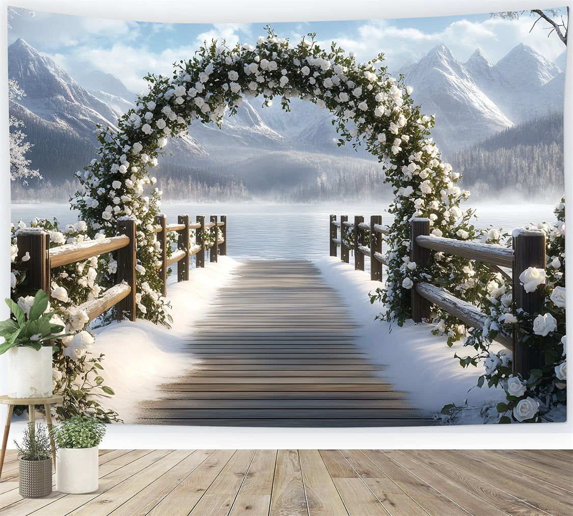 Winter Mountain Backdrop Snowy Rose Arch by Mountain Lake Winter Scene Backdrop CSH58-23
