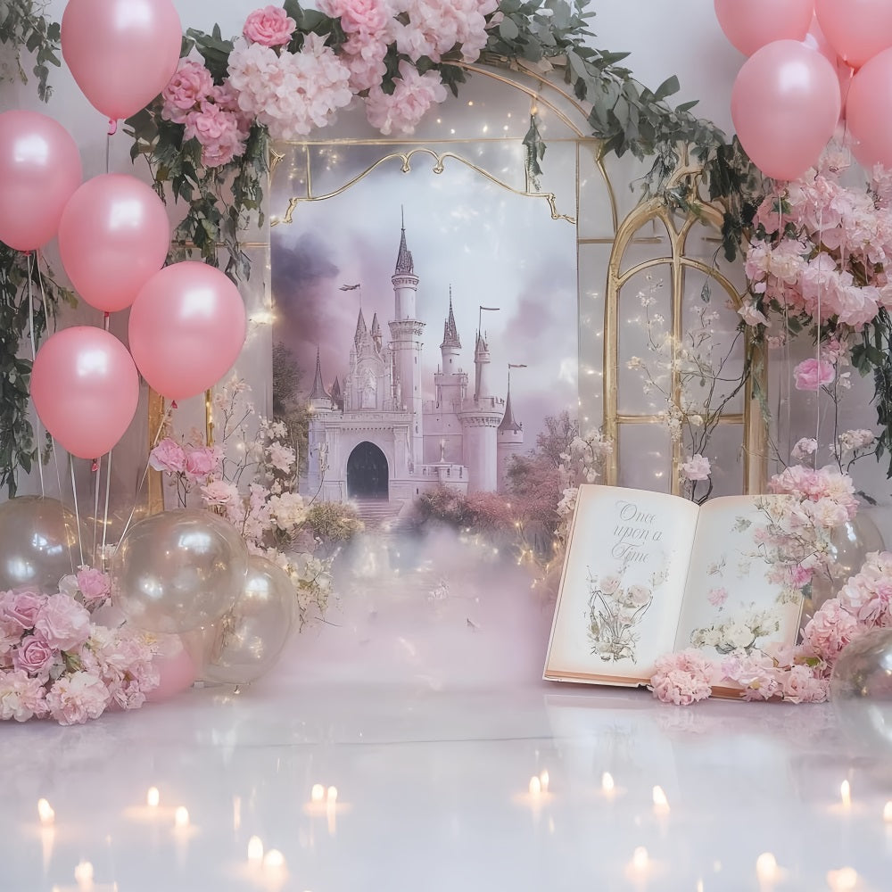 Once Upon a Time Backdrop Pink Castle Balloons Dreambook Newborn Backdrop CSH58-236