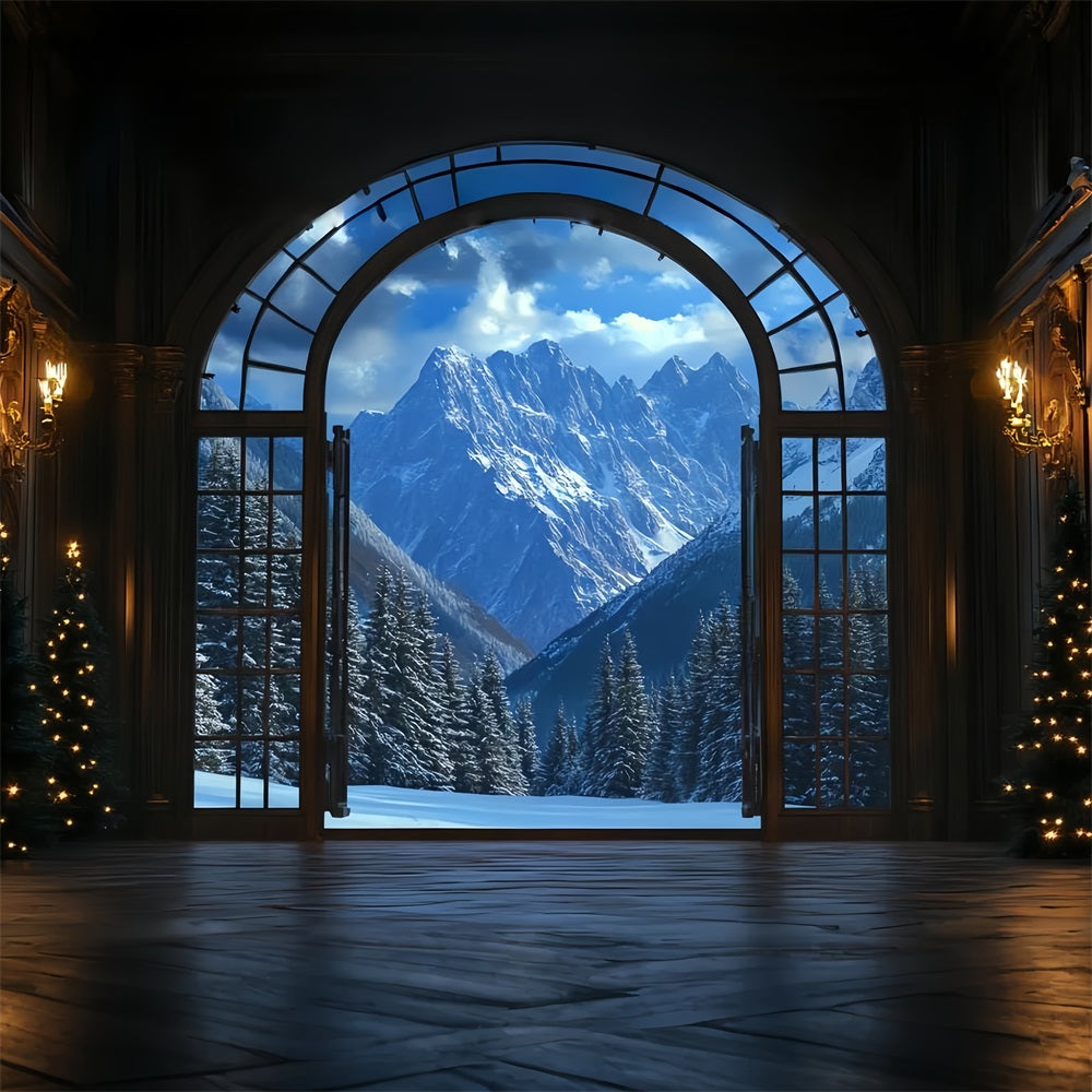 Winter Mountain Backdrop Grand Hall View to Snowy Peaks Winter Window Backdrop CSH58-24