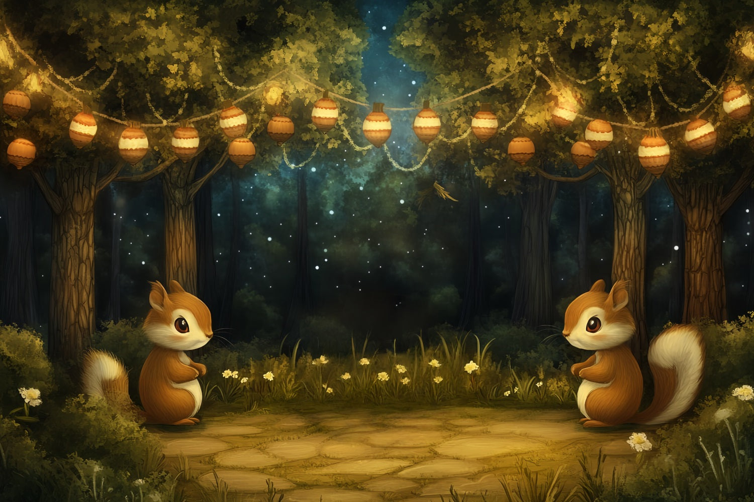 Newborn Cute Backdrop Forest Squirrel Lantern Night Newborn Backdrop CSH58-240