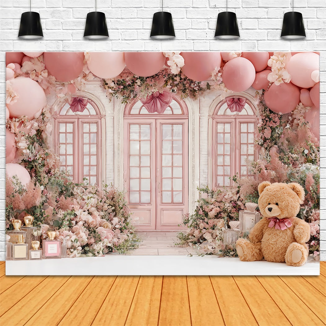 Children Cute Backdrop Pink Teddy Floral Balloon Shop Children Backdrops CSH58-241