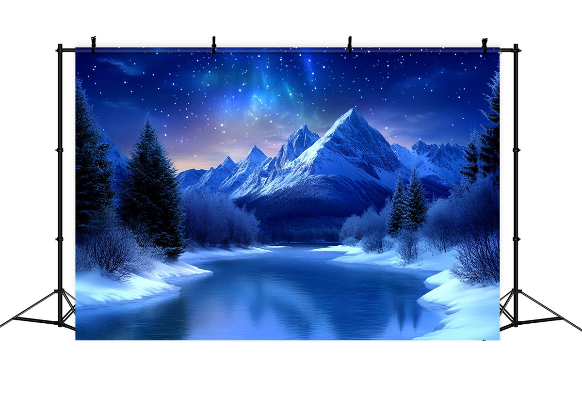 Winter Mountain Backdrop Starry Night Over Frozen River Mountains Winter Wonderland Backdrops CSH58-26