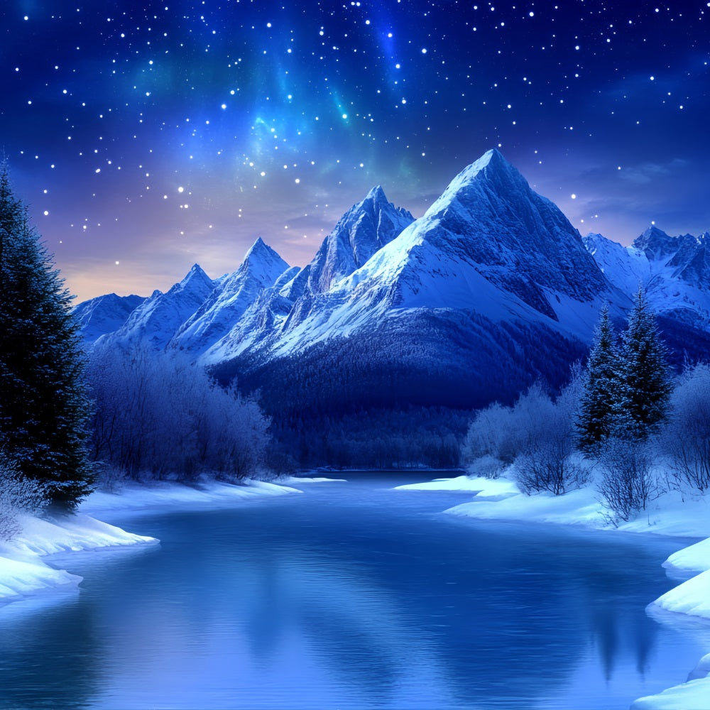 Winter Mountain Backdrop Starry Night Over Frozen River Mountains Winter Wonderland Backdrops CSH58-26