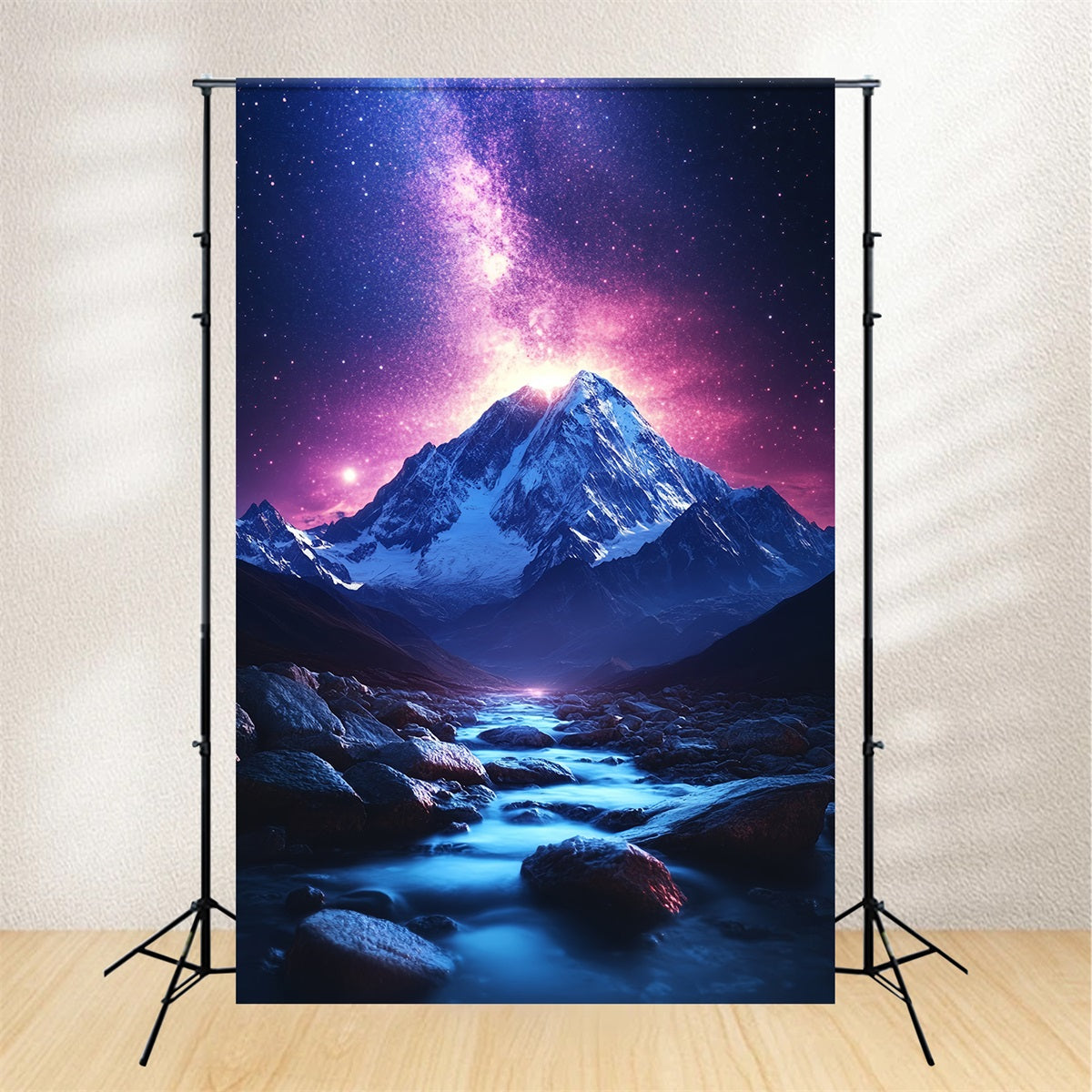 Winter Mountain Backdrop Cosmic Sky Above Snowy Mountain Stream Winter Wonderland Photo Backdrop CSH58-27
