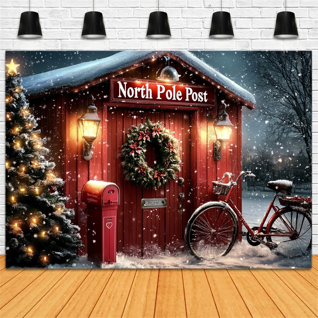 North Pole Backdrop North Pole Red Post Office with Wreath Winter holiday Backdrop CSH58-34