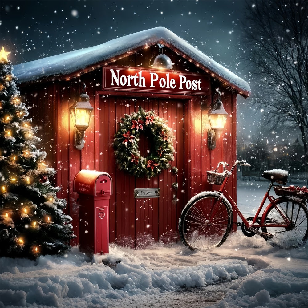North Pole Backdrop North Pole Red Post Office with Wreath Winter holiday Backdrop CSH58-34