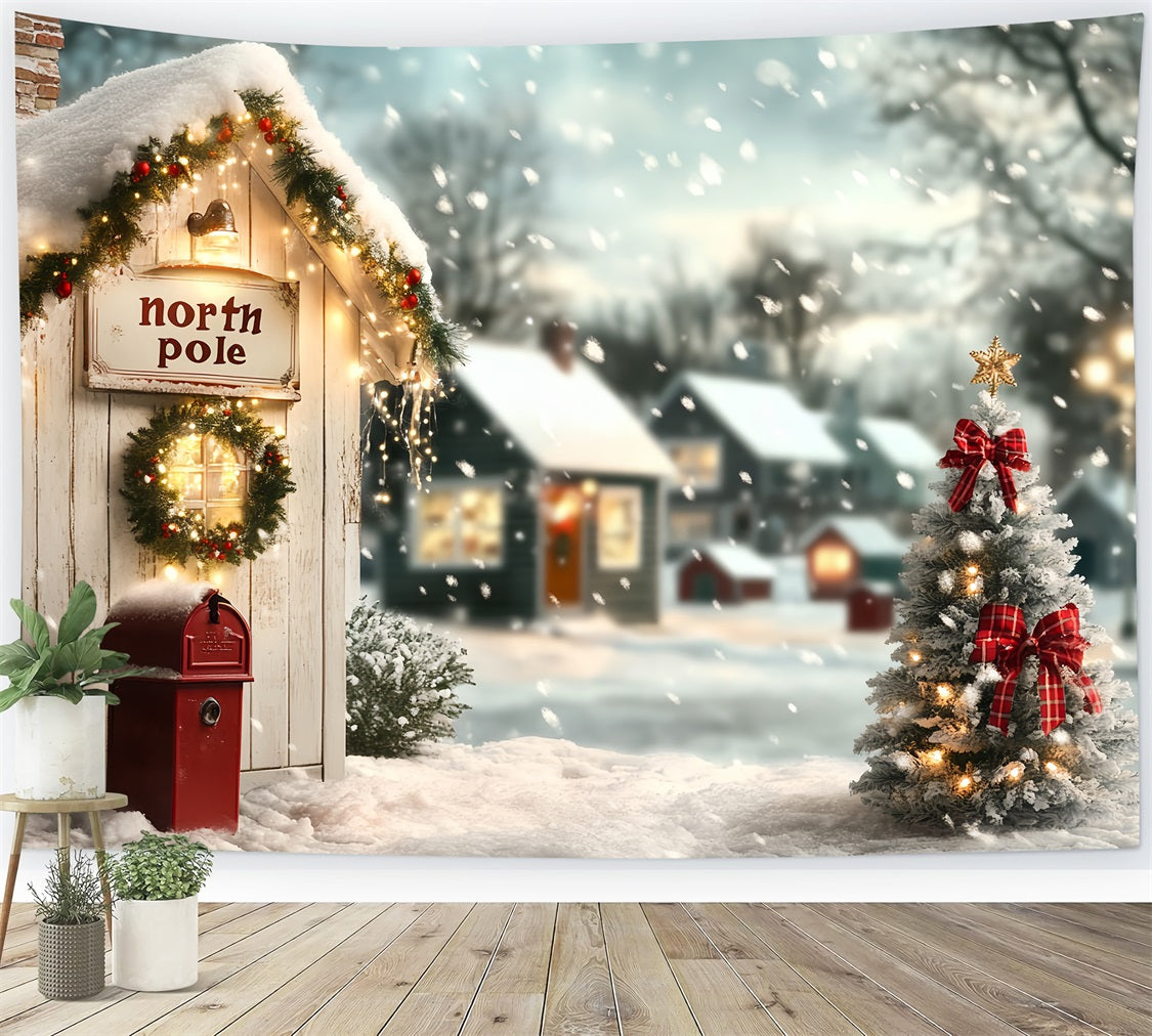 North Pole Backdrop Cozy North Pole Cottage and Christmas Tree Winter Village Backdrop CSH58-35
