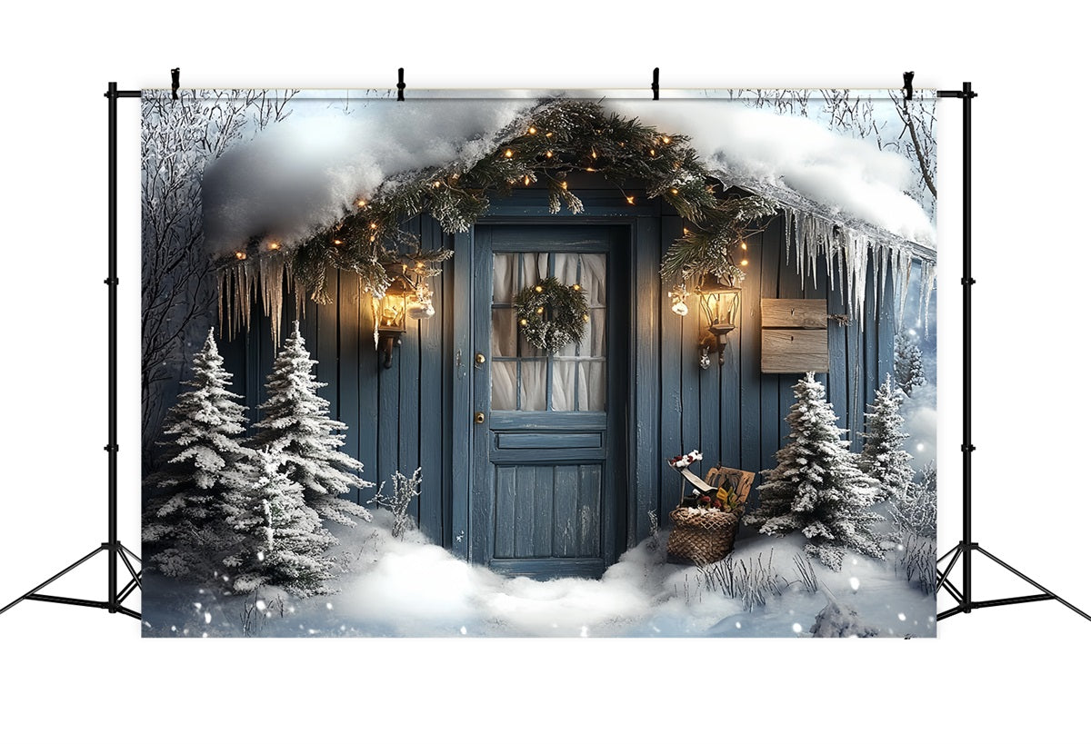 North Pole Backdrop Snowy Cabin Door with Lantern Glow Winter Holiday Backdrop CSH58-37