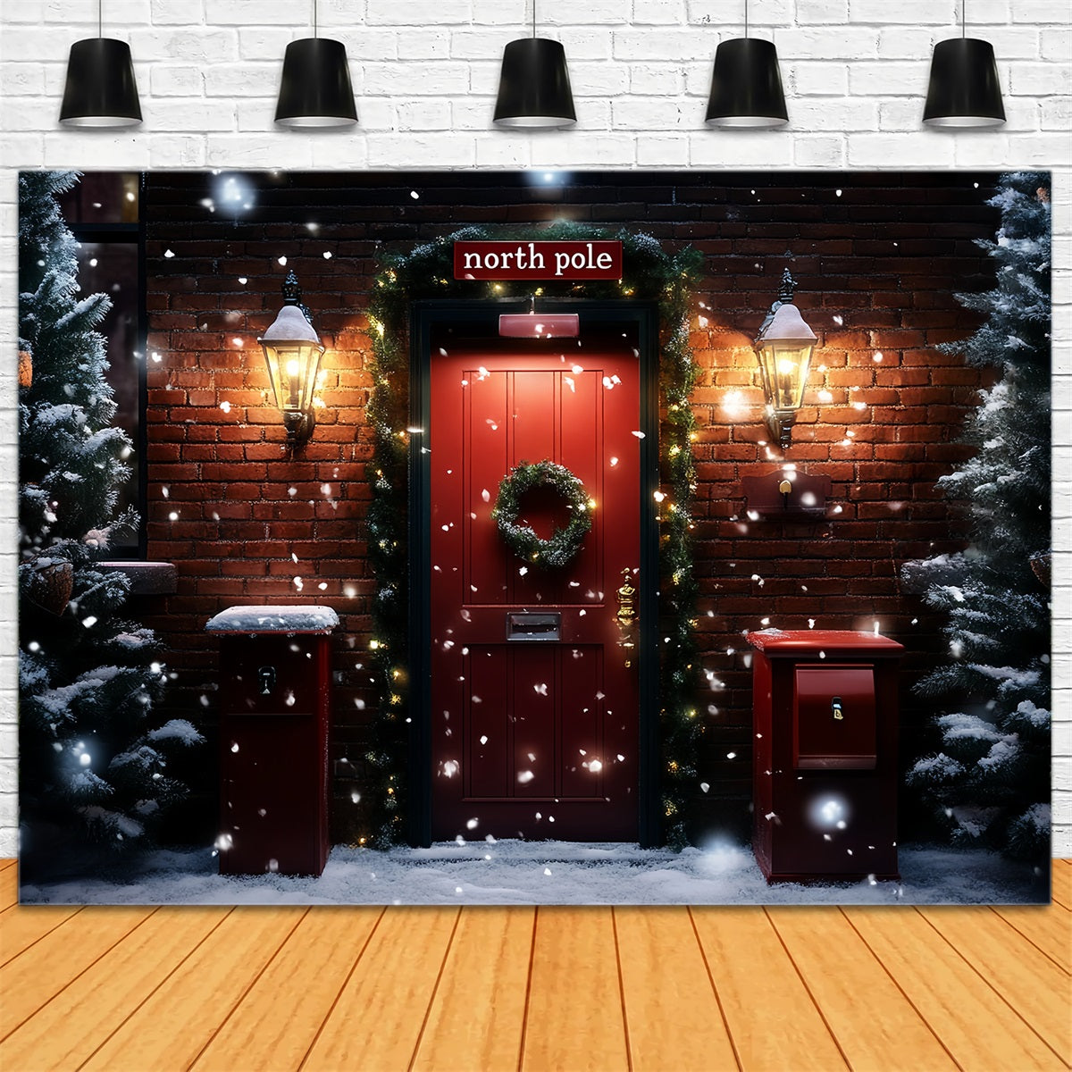 North Pole Backdrop Red Brick Doorway Wreath and Mailboxes Winter Holiday Backdrop CSH58-38