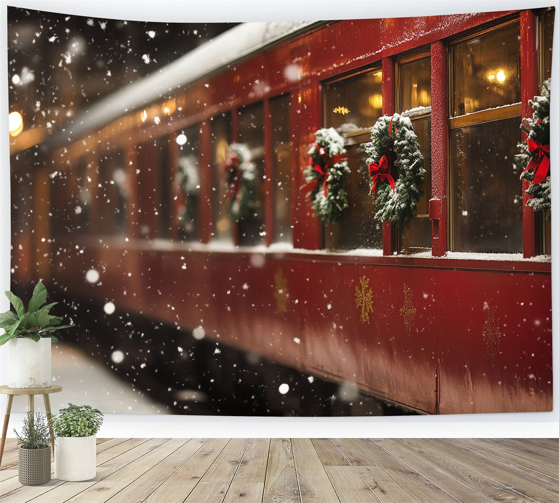 North Pole Backdrop Christmas Wreath Train Carriage Snowfall Winter Holiday Backdrop CSH58-39