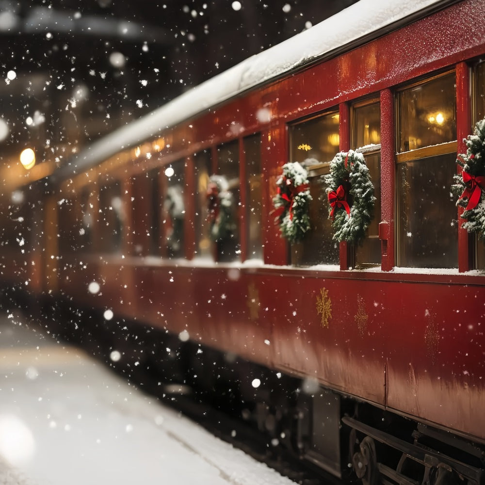 North Pole Backdrop Christmas Wreath Train Carriage Snowfall Winter Holiday Backdrop CSH58-39