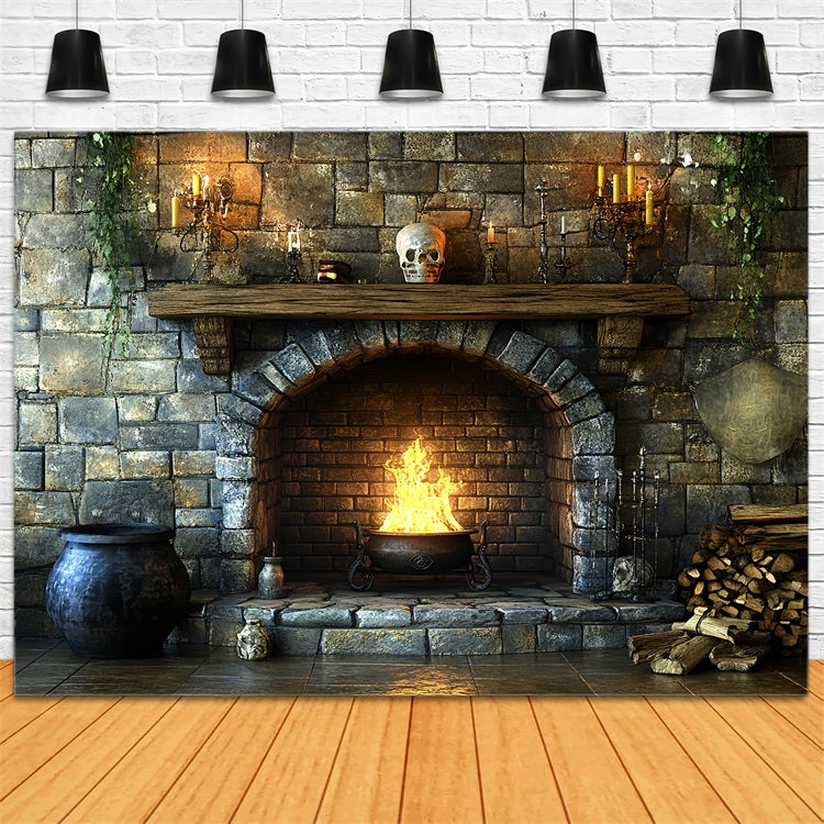 Fireplace Backdrop Witch Cauldron Fireplace Flames Halloween Backdrop CSH58-60