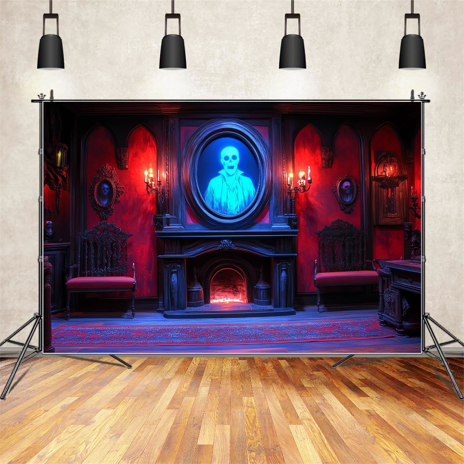 Fireplace Backdrop Haunted Skull Portrait Fireplace Halloween Backdrop Ideas CSH58-62