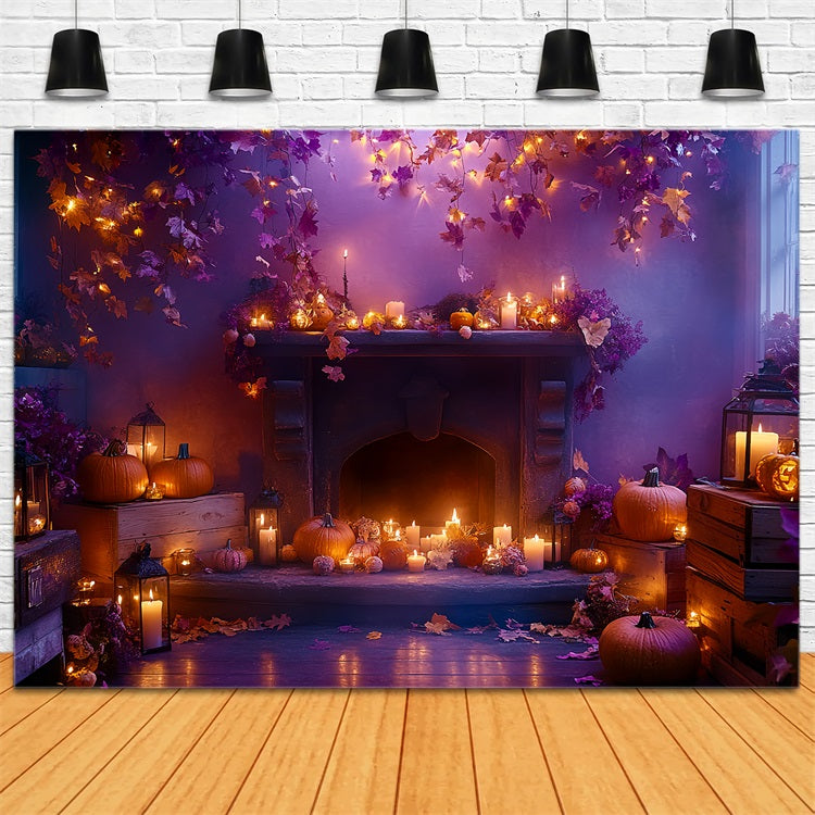 Fireplace Backdrop Autumn Leaves Candle Glow Halloween Picture Backdrop CSH58-64