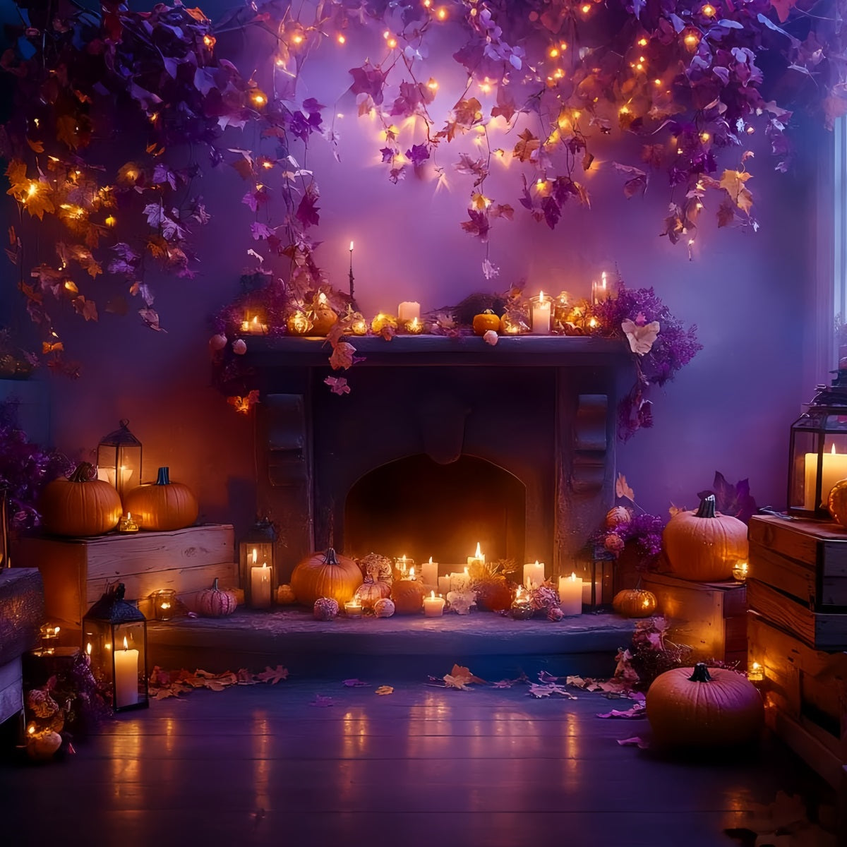 Fireplace Backdrop Autumn Leaves Candle Glow Halloween Picture Backdrop CSH58-64