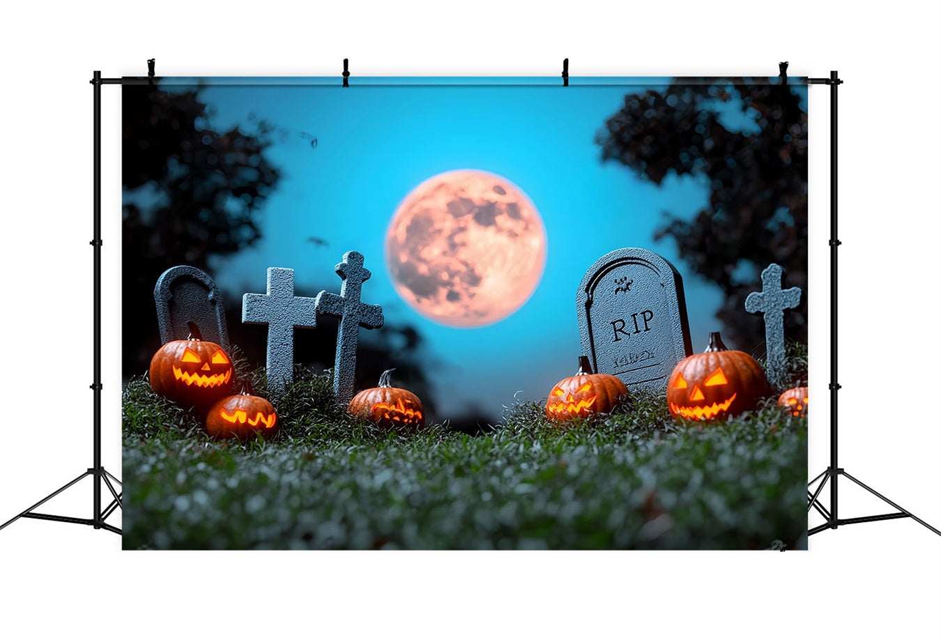 Moon Backdrop Cemetery Pumpkins Full Moon Halloween Photo Backdrop CSH58-69