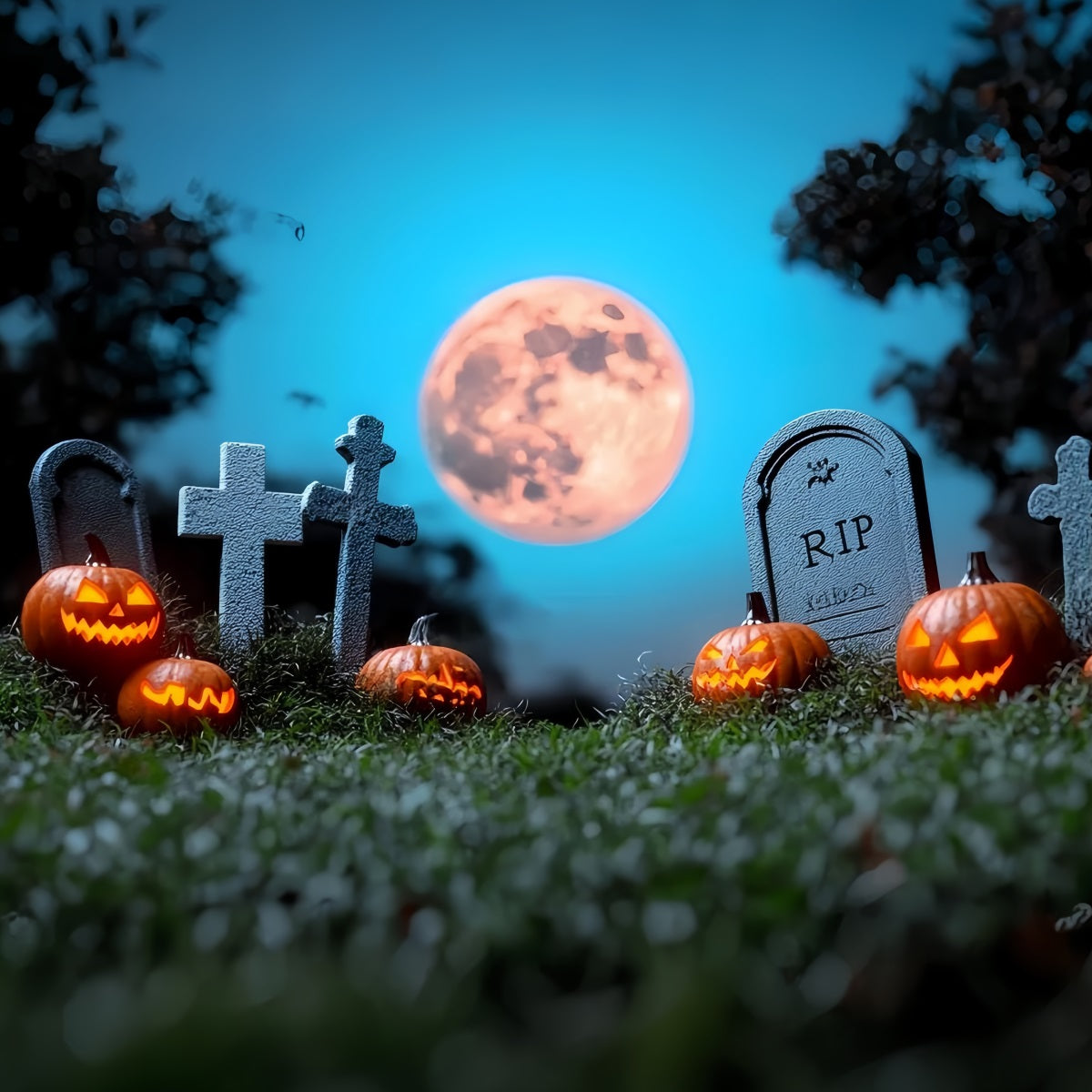 Moon Backdrop Cemetery Pumpkins Full Moon Halloween Photo Backdrop CSH58-69