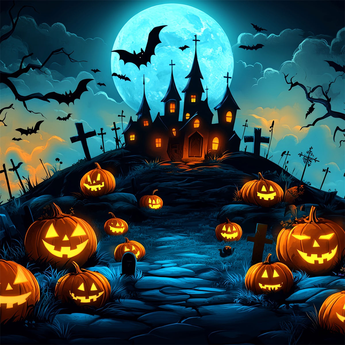 Moon Backdrop Pumpkin Hill Haunted Castle Halloween Backdrop Ideas CSH58-70