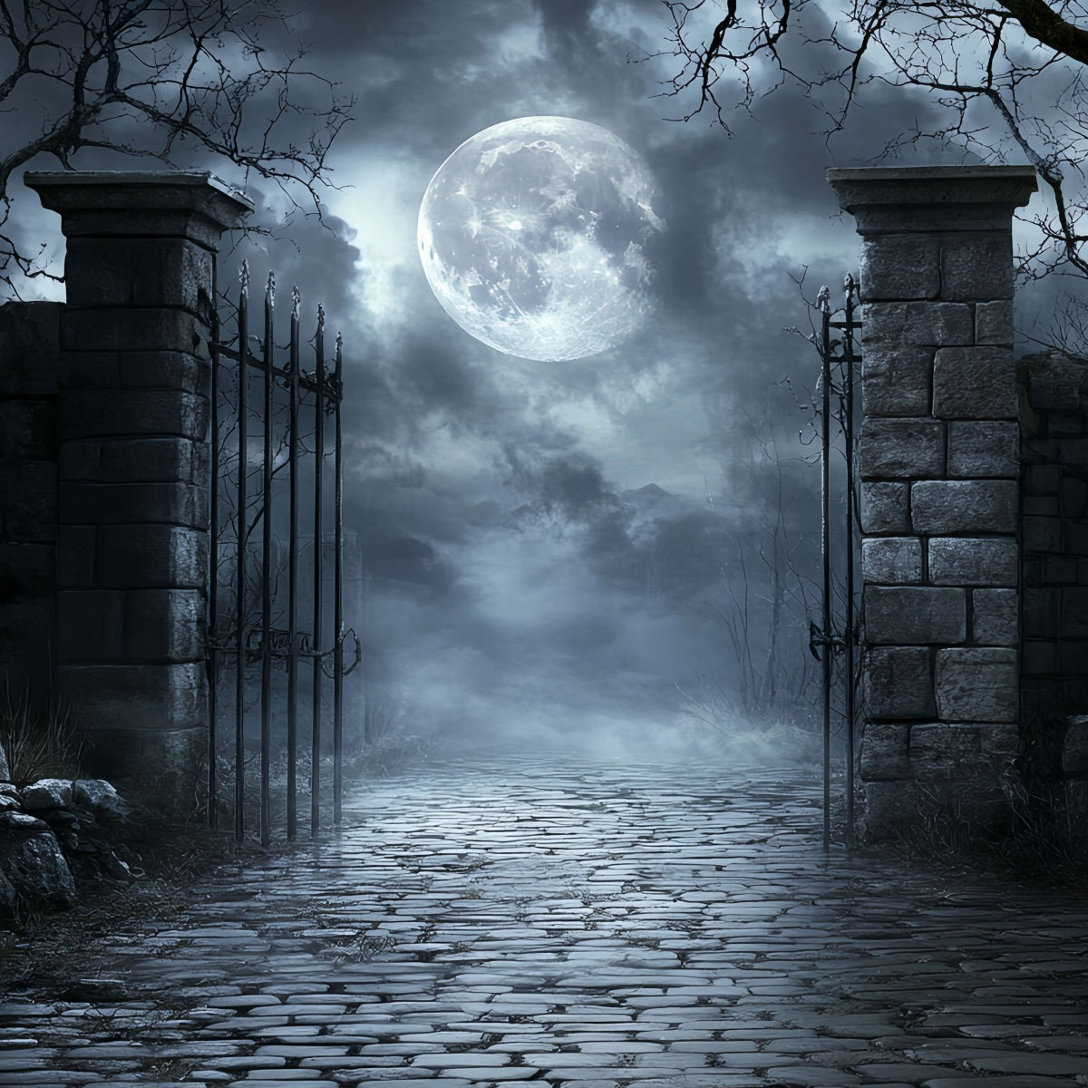 Moon Backdrop Moonlit Cemetery Iron Gate Halloween Photo Booth Backdrop CSH58-71