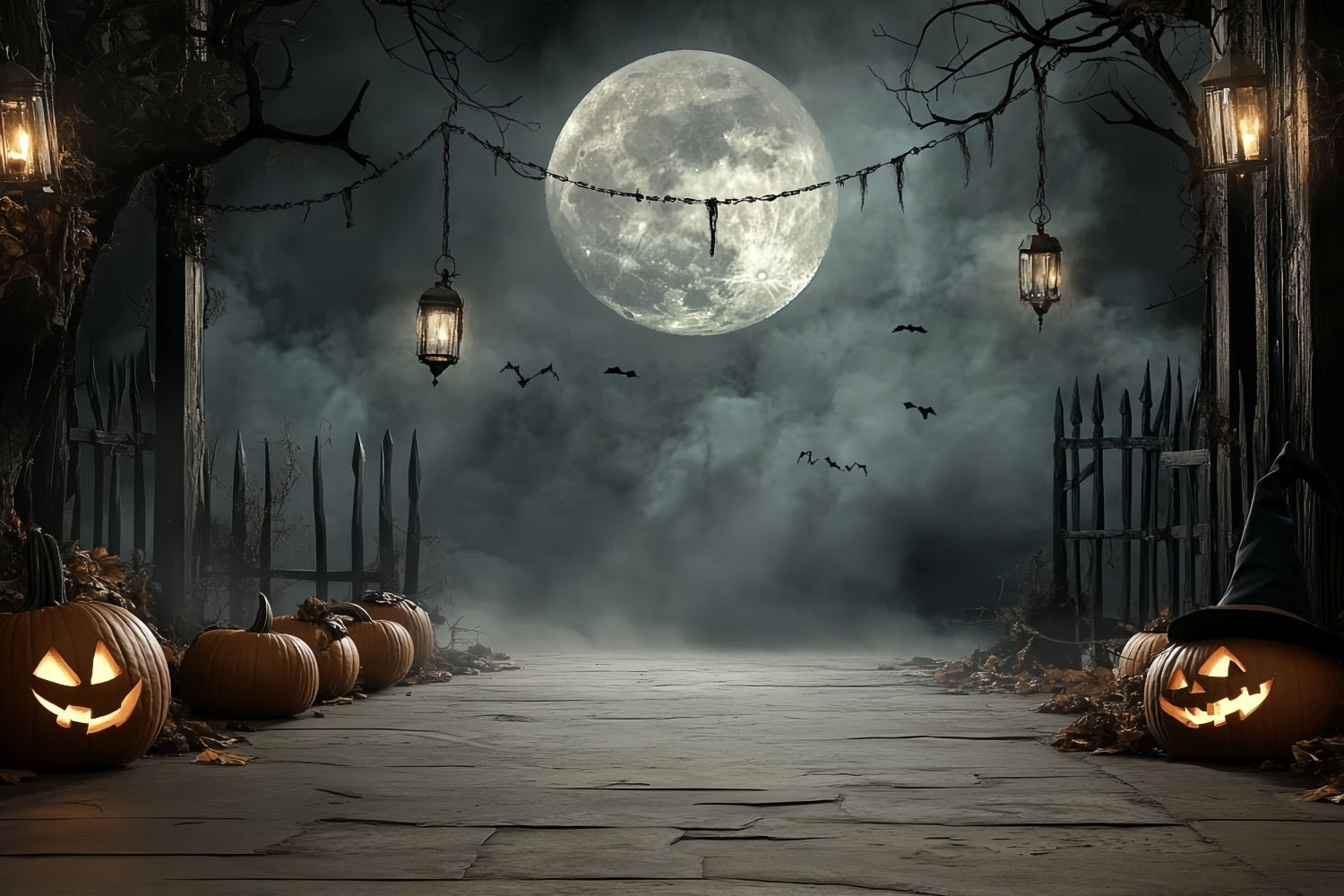 Moon Backdrop Pumpkin Lantern Moonlit Path Halloween Backdrop Ideas CSH58-72