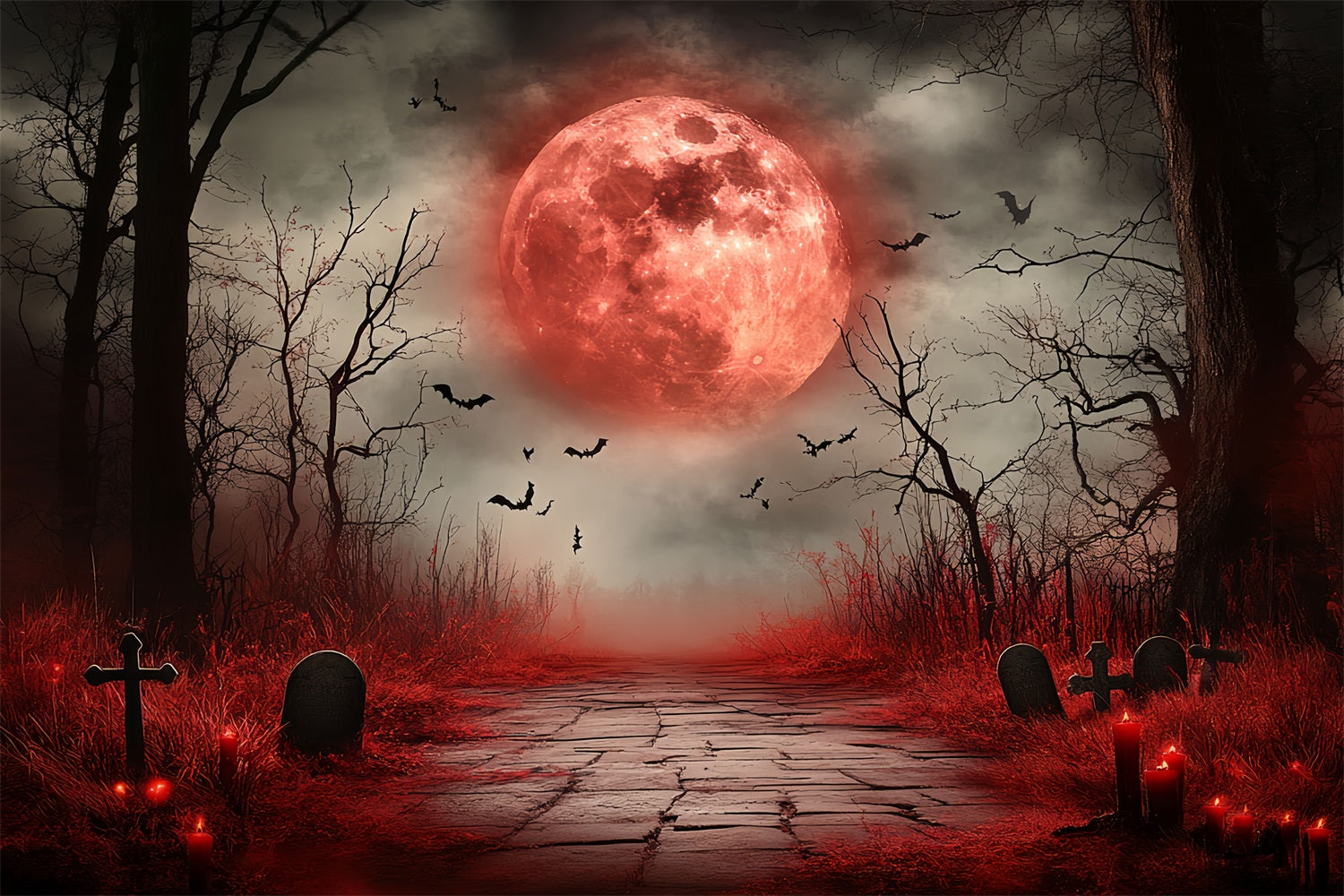 Moon Backdrop Blood Moon Haunted Graveyard Halloween Backdrop CSH58-73
