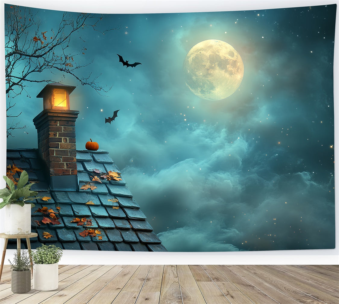 Night Sky Backdrop Pumpkin Rooftop Starry Moon Halloween Backdrops CSH58-82