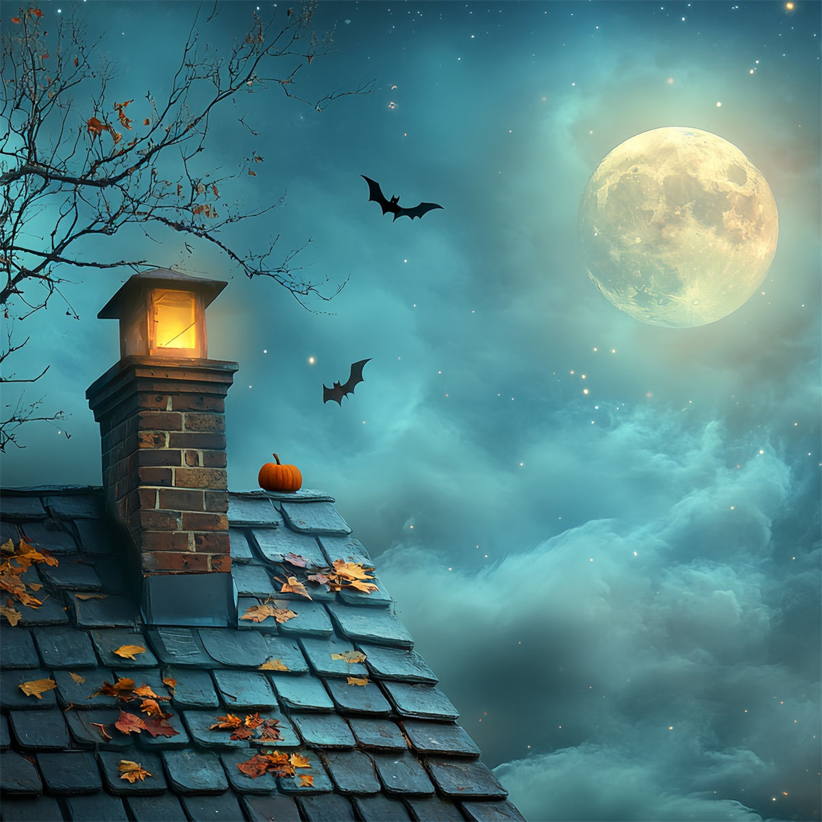 Night Sky Backdrop Pumpkin Rooftop Starry Moon Halloween Backdrops CSH58-82