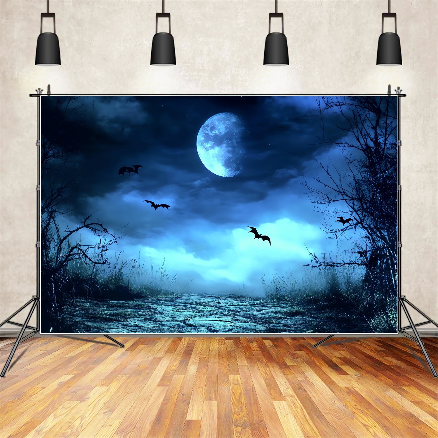 Night Sky Backdrop Blue Mist Spooky Path Halloween Photo Backdrop CSH58-83