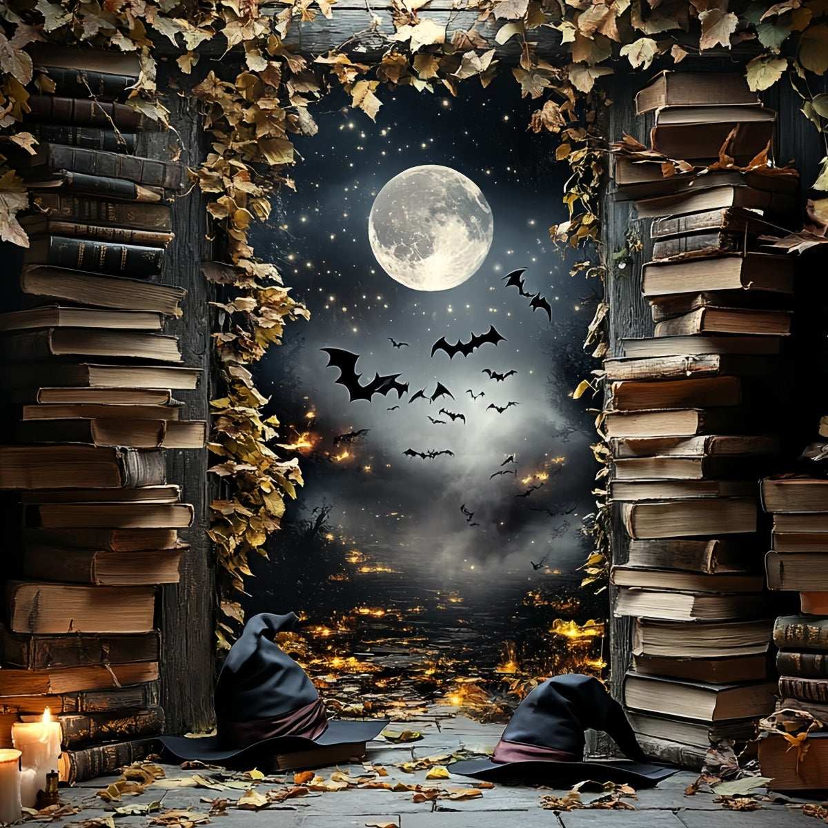 Night Sky Backdrop Witch Library Moonlit Bats Halloween Backdrop Ideas CSH58-84