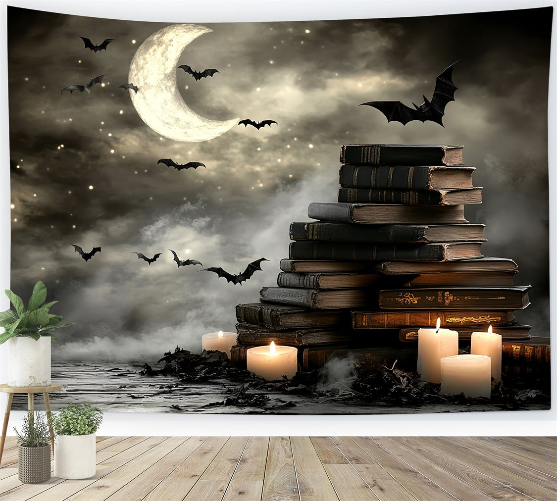 Night Sky Backdrop Crescent Moon Bats Books Candles Halloween Backdrops CSH58-86