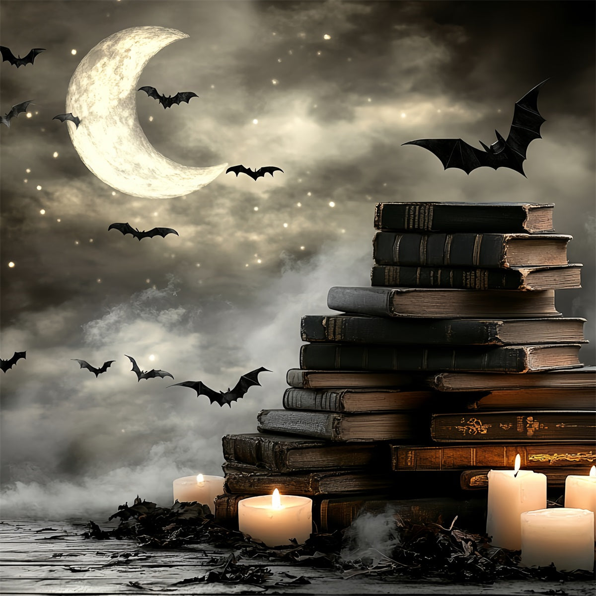 Night Sky Backdrop Crescent Moon Bats Books Candles Halloween Backdrops CSH58-86