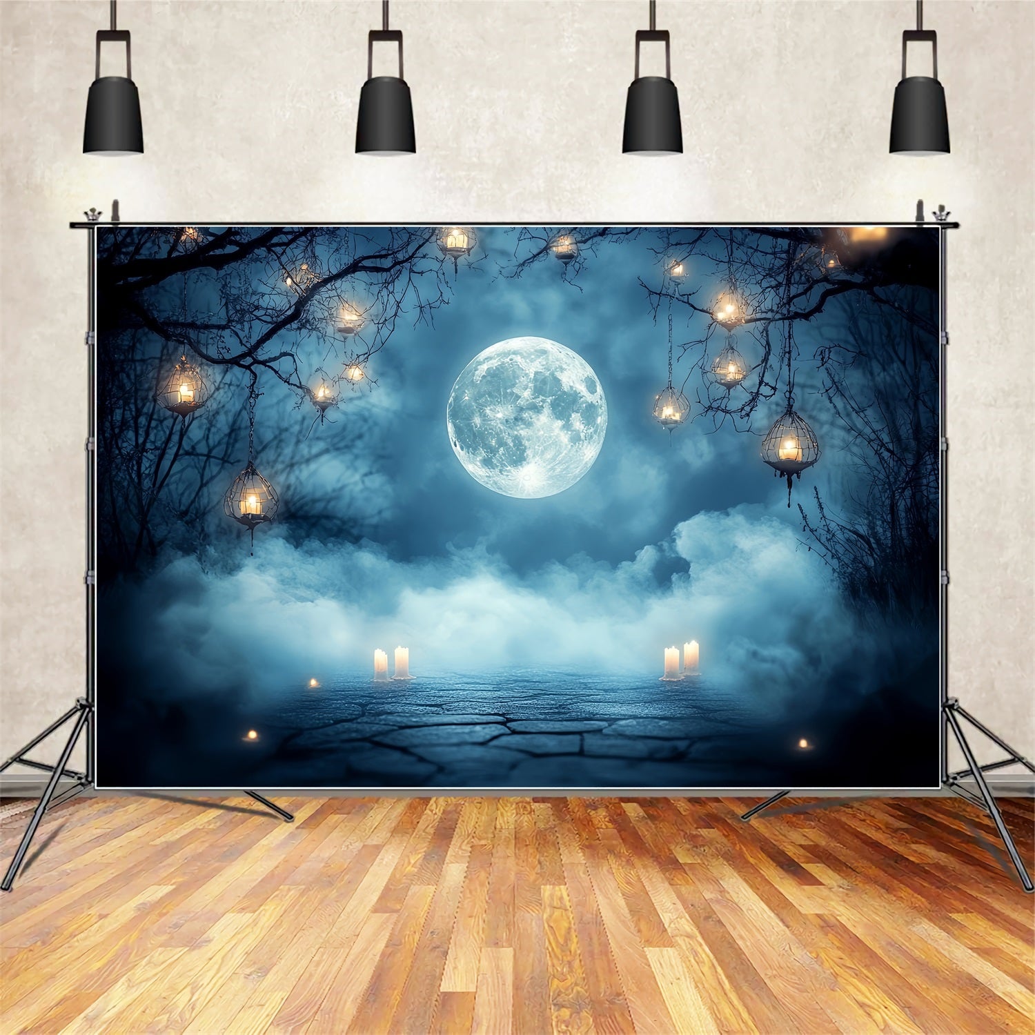 Night Sky Backdrop Full Moon Fog Lantern Candles Halloween Backdrops CSH58-87