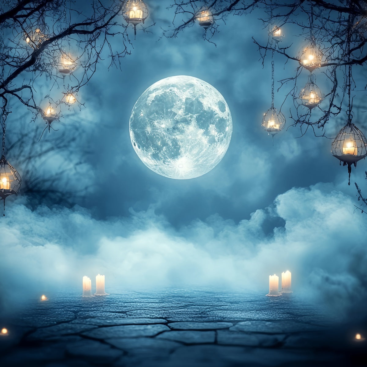 Night Sky Backdrop Full Moon Fog Lantern Candles Halloween Backdrops CSH58-87