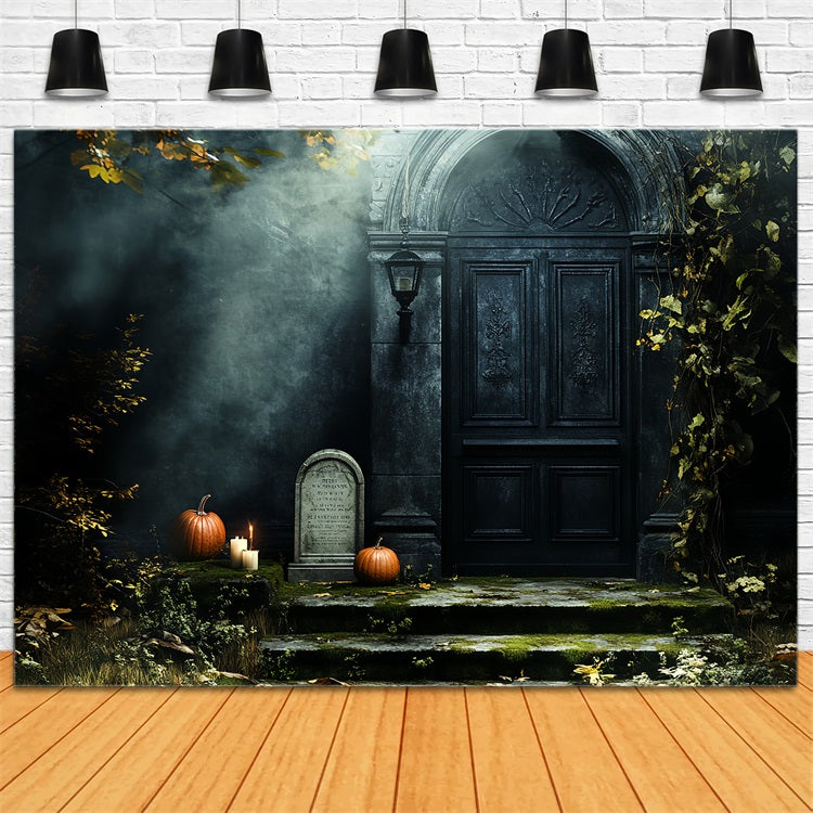 Cemetery Backdrop Haunted Door Pumpkins Moss Gravestone Halloween Backdrop CSH58-88