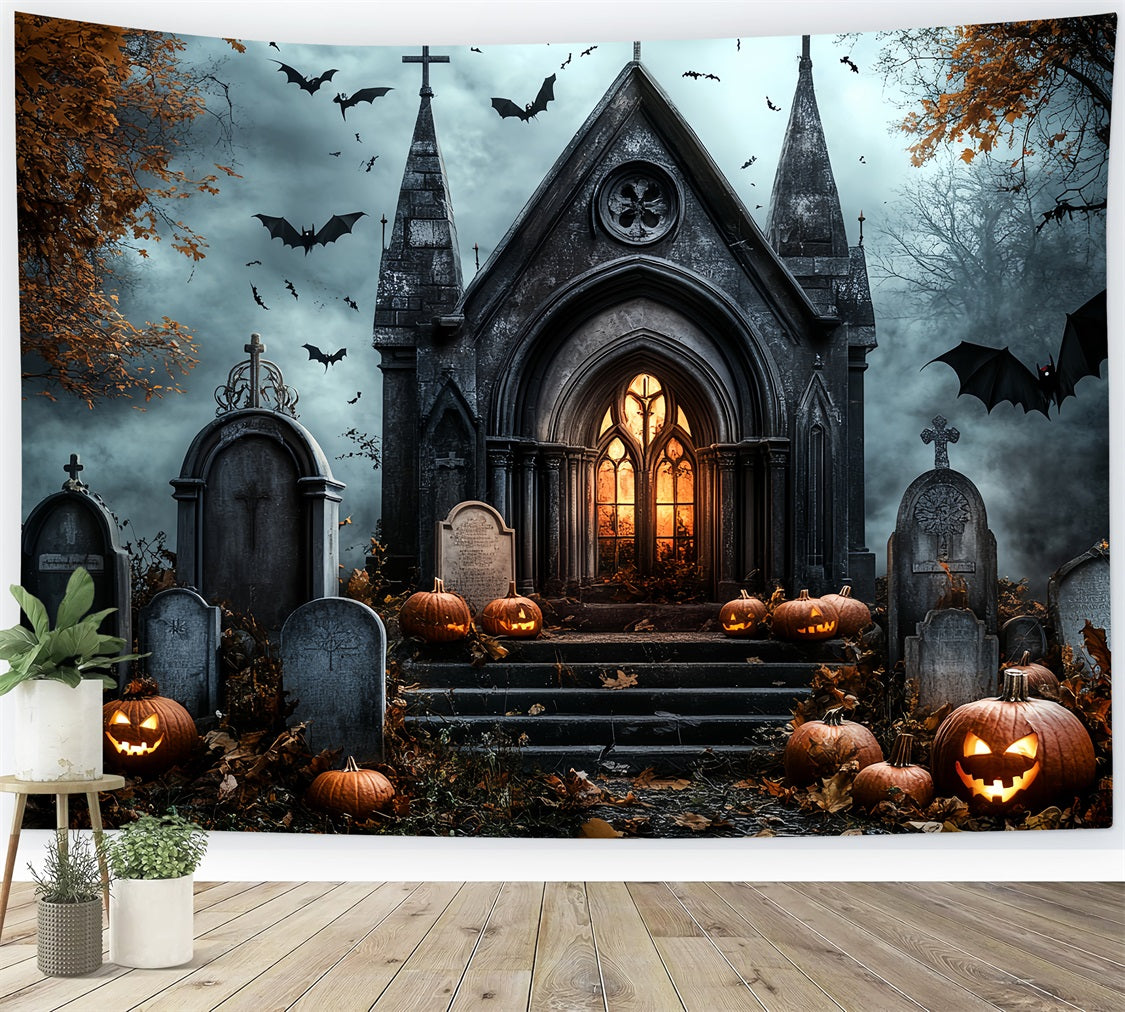 Cemetery Backdrop Gothic Church Pumpkins Bats Gravestones Halloween Backdrops CSH58-89