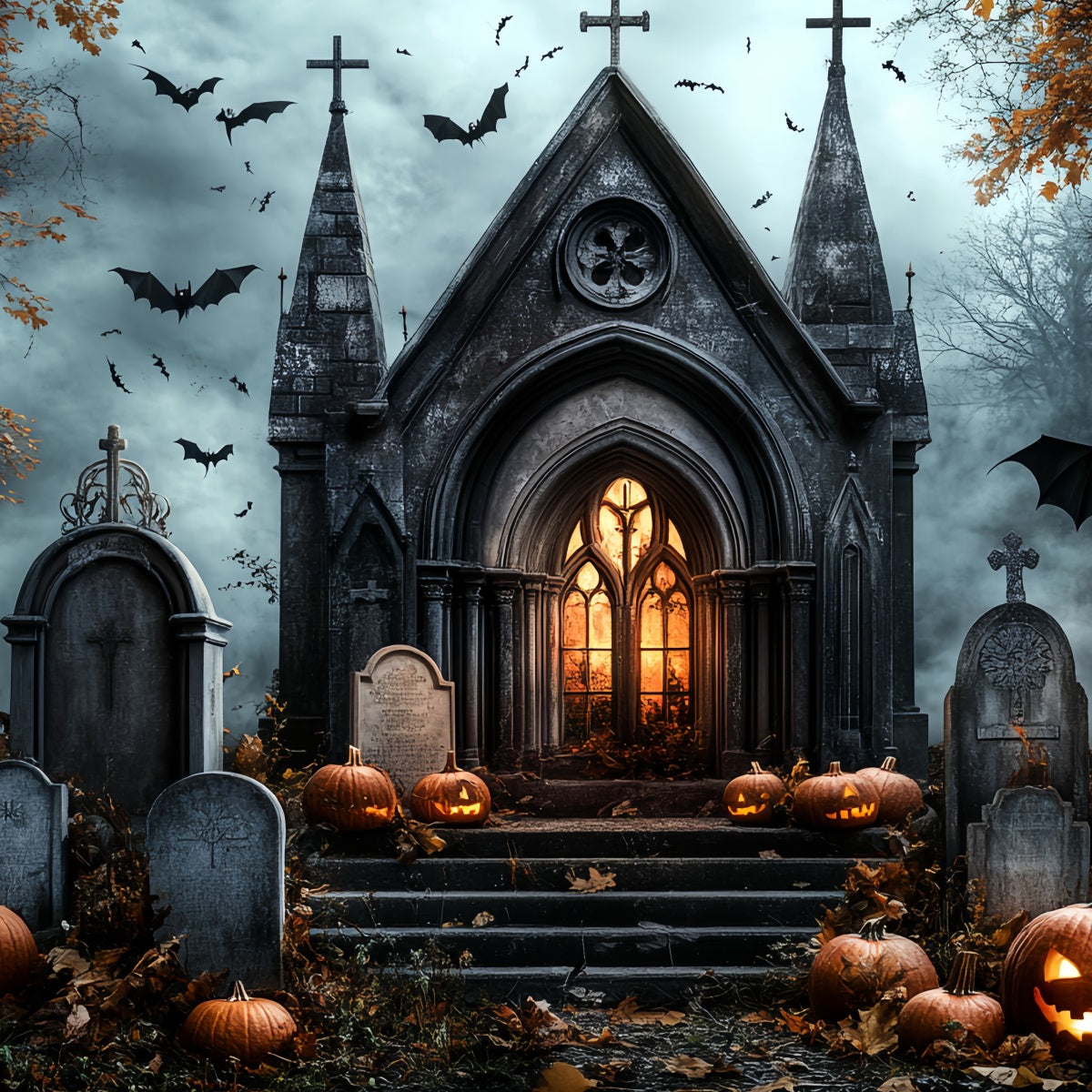 Cemetery Backdrop Gothic Church Pumpkins Bats Gravestones Halloween Backdrops CSH58-89