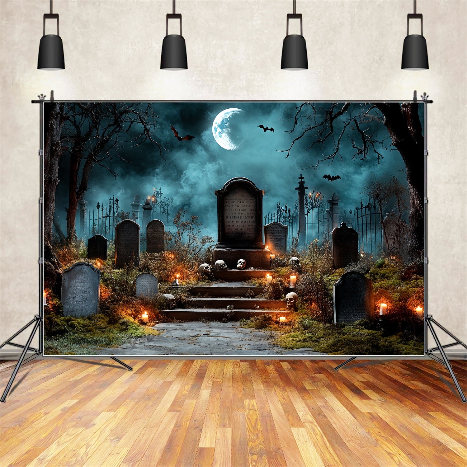 Cemetery Backdrop Spooky Tombstones Bat Night Halloween Backdrop CSH58-90