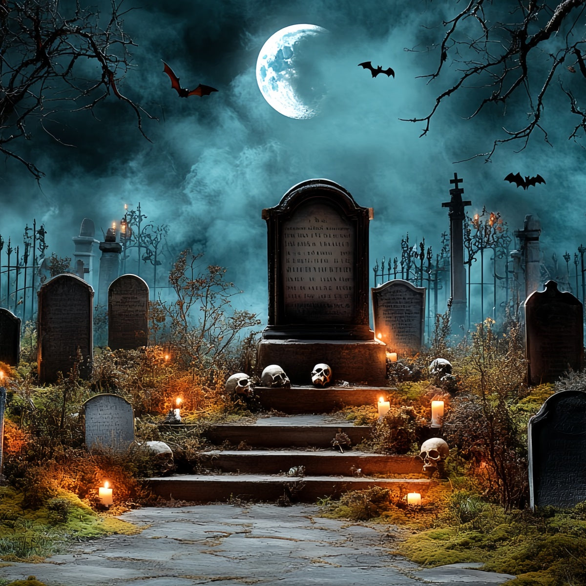 Cemetery Backdrop Spooky Tombstones Bat Night Halloween Backdrop CSH58-90