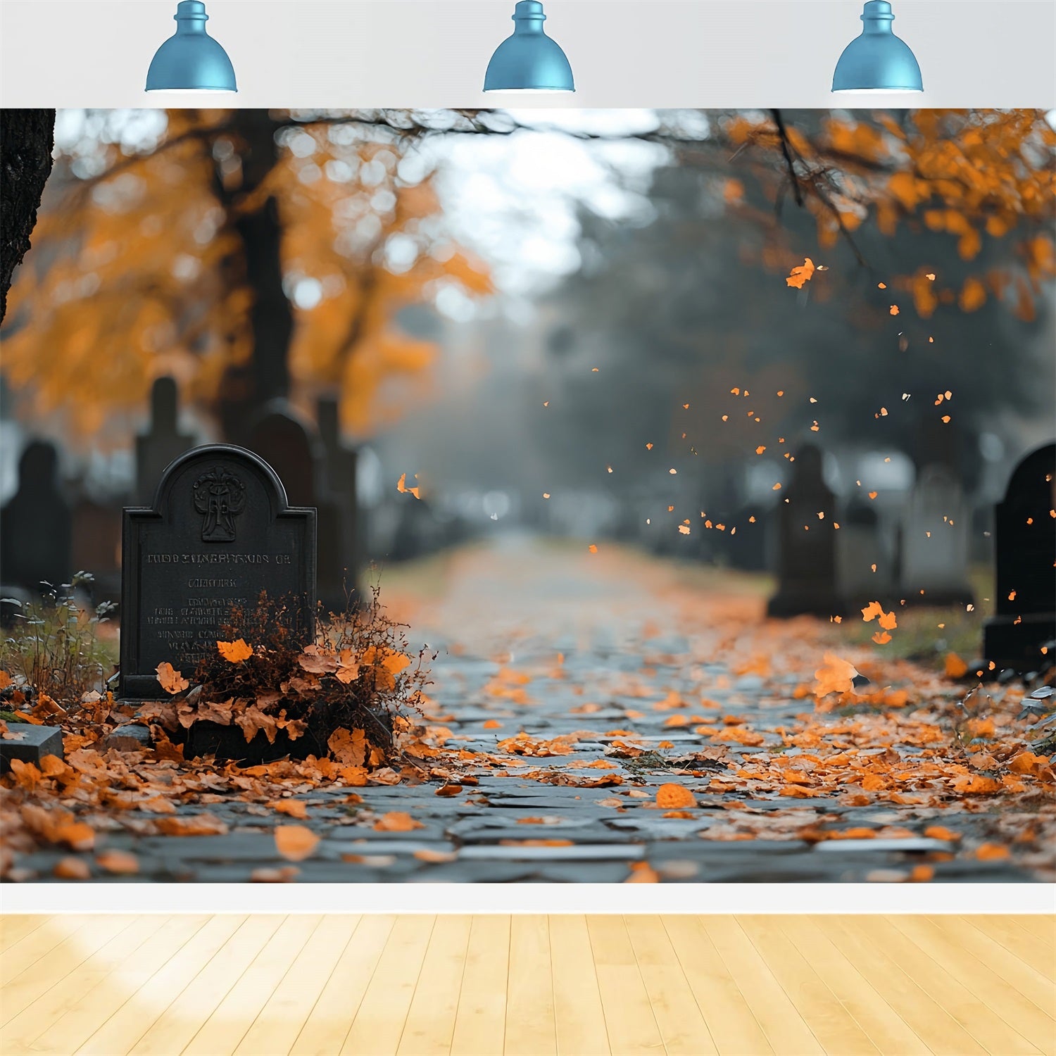 Cemetery Backdrop Autumn Leaves Grave Path Halloween Backdrop CSH58-91