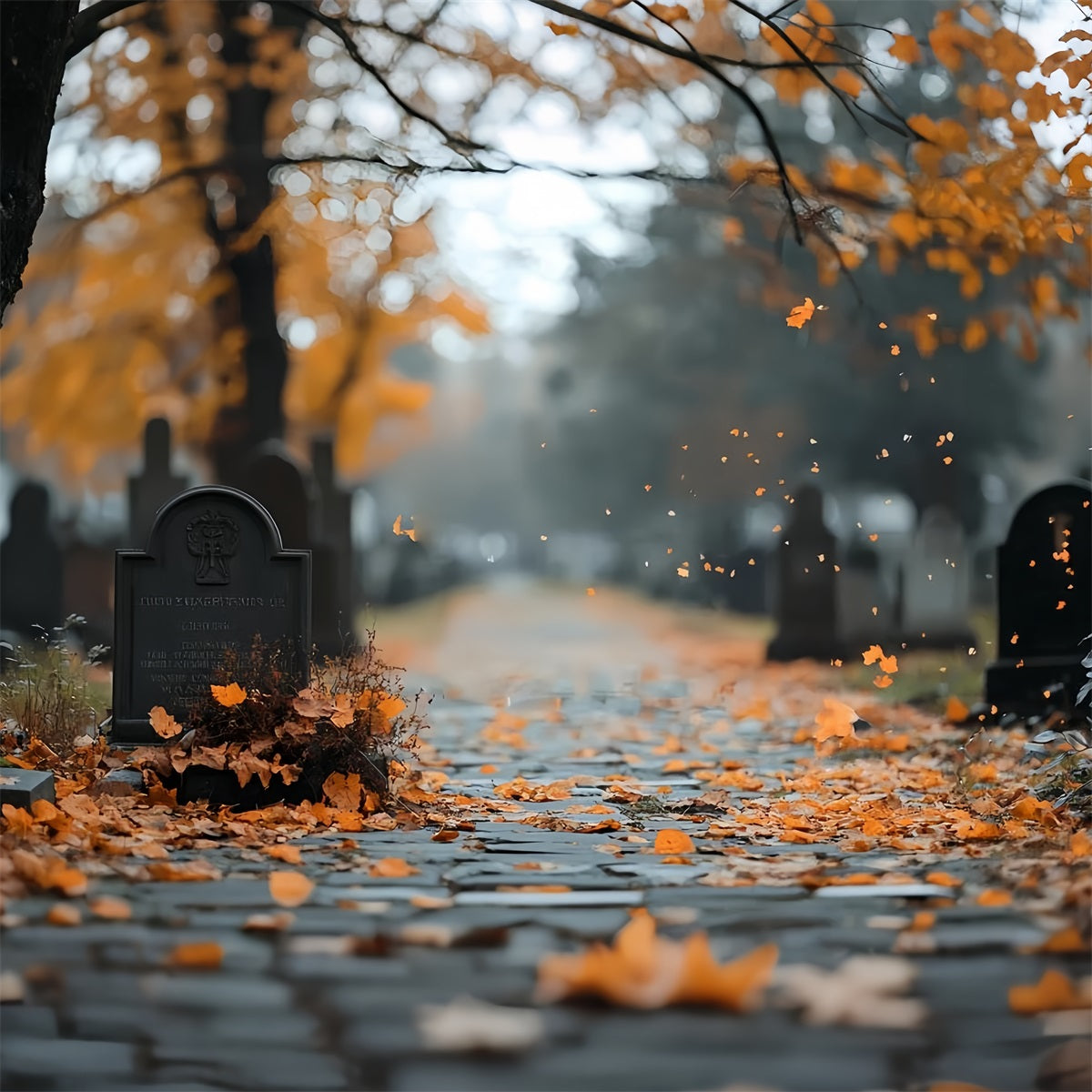Cemetery Backdrop Autumn Leaves Grave Path Halloween Backdrop CSH58-91