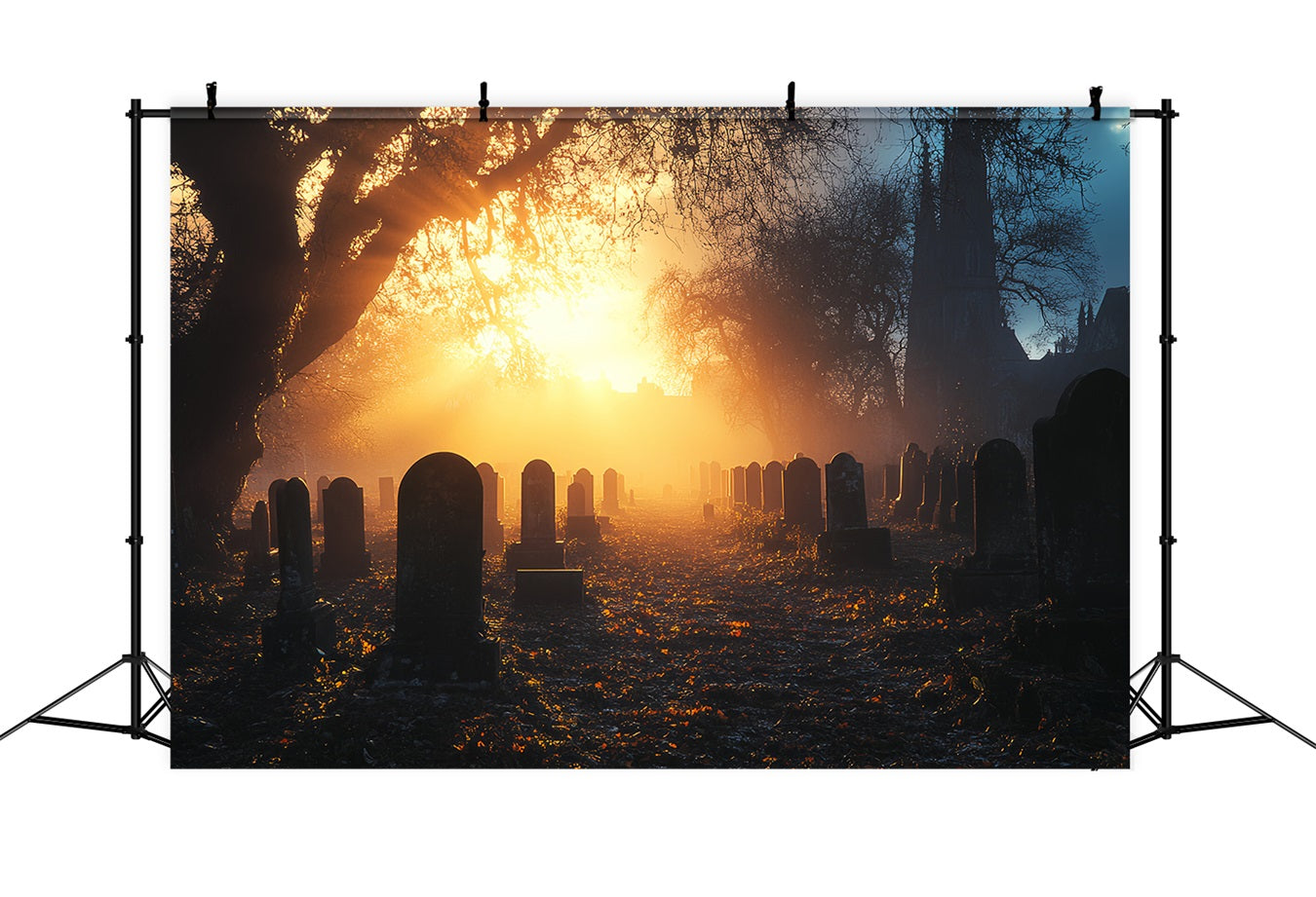 Cemetery Backdrop Cemetery Golden Sunset Mist Halloween Backdrops CSH58-92
